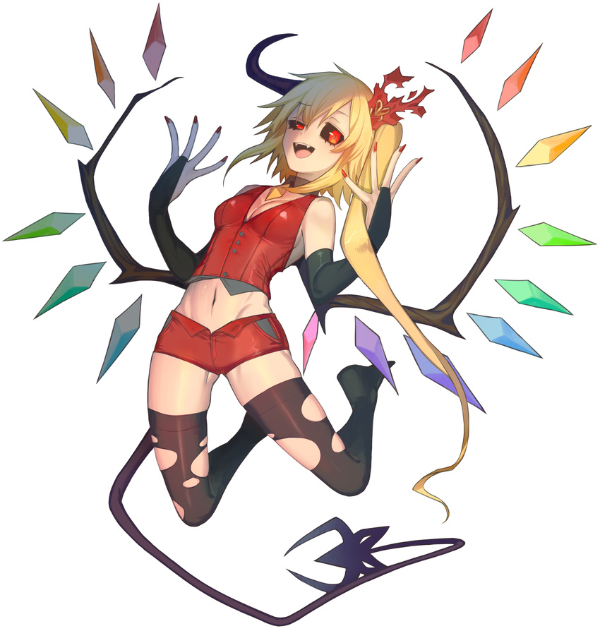 1girl absurdres adapted_costume alternate_costume arched_back black_gloves black_legwear black_sclera blonde_hair breasts cleavage crystal detached_collar elbow_gloves fangs flandre_scarlet full_body gloves hair_ribbon hat hat_ribbon highres keemoringo laevatein leaning_back looking_at_viewer midriff mob_cap nail_polish navel open_mouth red_eyes ribbon shirt short_shorts shorts side_ponytail simple_background sleeveless smile solo thighhighs torn_clothes torn_thighhighs touhou transparent_background unbuttoned vest white_background wings