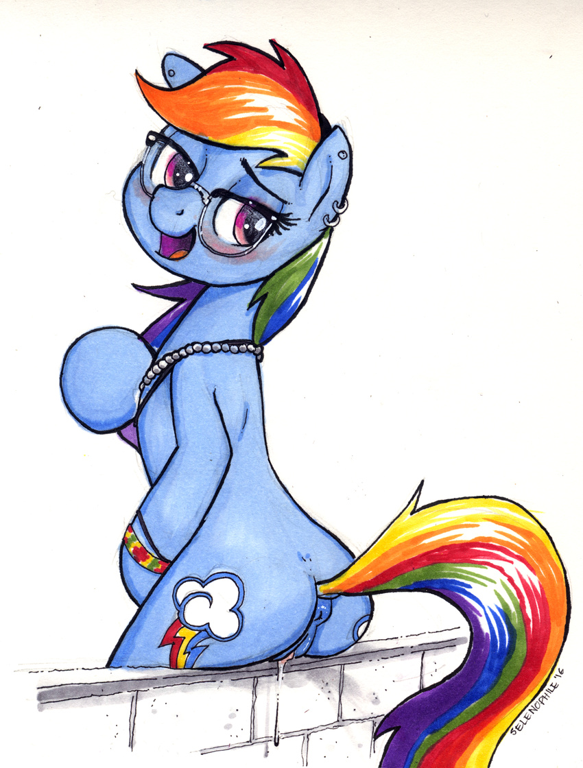 2016 anatomically_correct anatomically_correct_anus anatomically_correct_pussy animal_genitalia animal_pussy anus butt cutie_mark dock earth_pony equine equine_pussy eyewear female feral friendship_is_magic glasses hair horse jewelry mammal multicolored_hair my_little_pony open_mouth pony pussy rainbow_dash_(mlp) rainbow_hair selenophile simple_background solo traditional_media_(artwork)