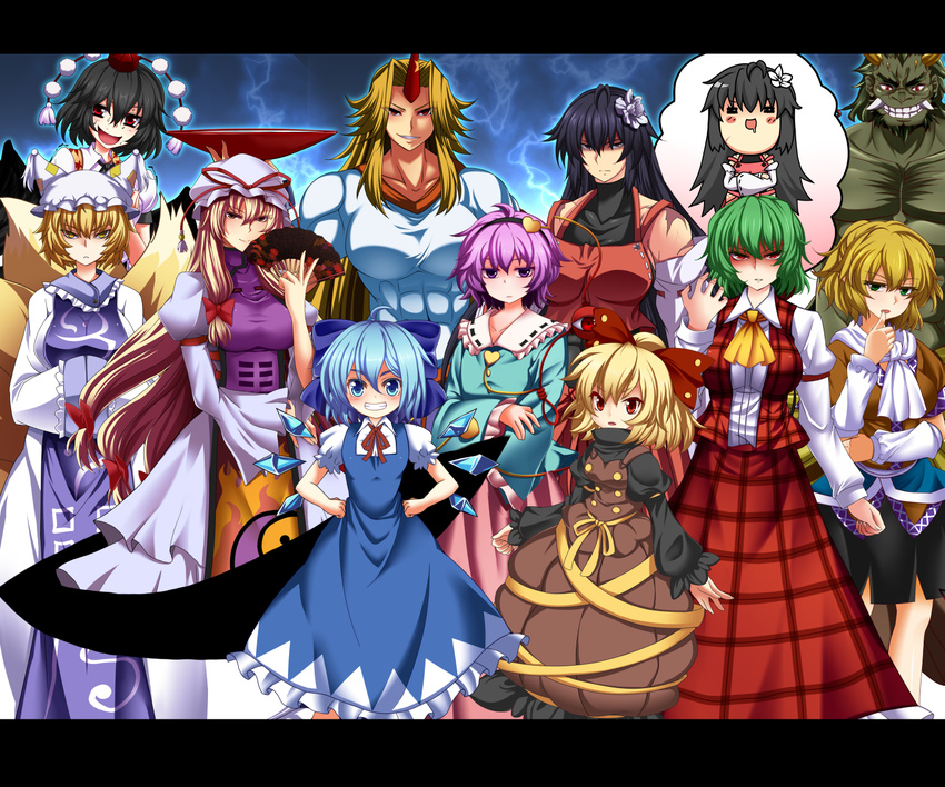 1boy 6+girls :d =_= abs arm_rest arm_warmers armband ascot aura bangs biting black_hair black_shirt black_skirt black_wings blonde_hair blouse blue_background blue_dress blue_eyes blue_hair blue_shirt bow breasts brown_dress brown_shirt chibi cirno collarbone collared_shirt crossed_arms detached_sleeves dress energy error expressionless eyes_visible_through_hair fan feathered_wings flame_print floral_print flower folding_fan fox_tail frilled_dress frilled_sleeves frills gap glaring gradient gradient_background green_eyes green_hair grin hair_between_eyes hair_bow hair_flower hair_ornament hairband hakama_pants hand_up hands_on_hips hands_together hat heart height_difference highres hip_vent horn hoshiguma_yuugi ice ice_wings imagining kazami_yuuka komeiji_satori kurodani_yamame large_breasts leaf_print legs leotard long_hair long_skirt long_sleeves looking_at_viewer mizuhashi_parsee multiple_girls multiple_tails muscle muscular_female neck nontraditional_miko open_mouth pink_background pink_skirt plaid plaid_skirt plaid_vest pointy_ears ponytail puffy_long_sleeves puffy_short_sleeves puffy_sleeves purple_eyes purple_hair red_eyes red_skirt red_vest ribbon ribbon-trimmed_clothes ribbon-trimmed_collar ribbon-trimmed_sleeves ribbon_trim sakazuki scar scarf sendai_hakurei_no_miko shaded_face shameimaru_aya shirt short_hair short_sleeves skirt skirt_set sleeveless sleeveless_dress smile smirk standing tabard tail third_eye thumb_biting tokin_hat touhou turtleneck very_long_hair white_background white_dress white_shirt wide_sleeves wings yagami_(mukage) yakumo_ran yakumo_yukari yellow_eyes yin_yang