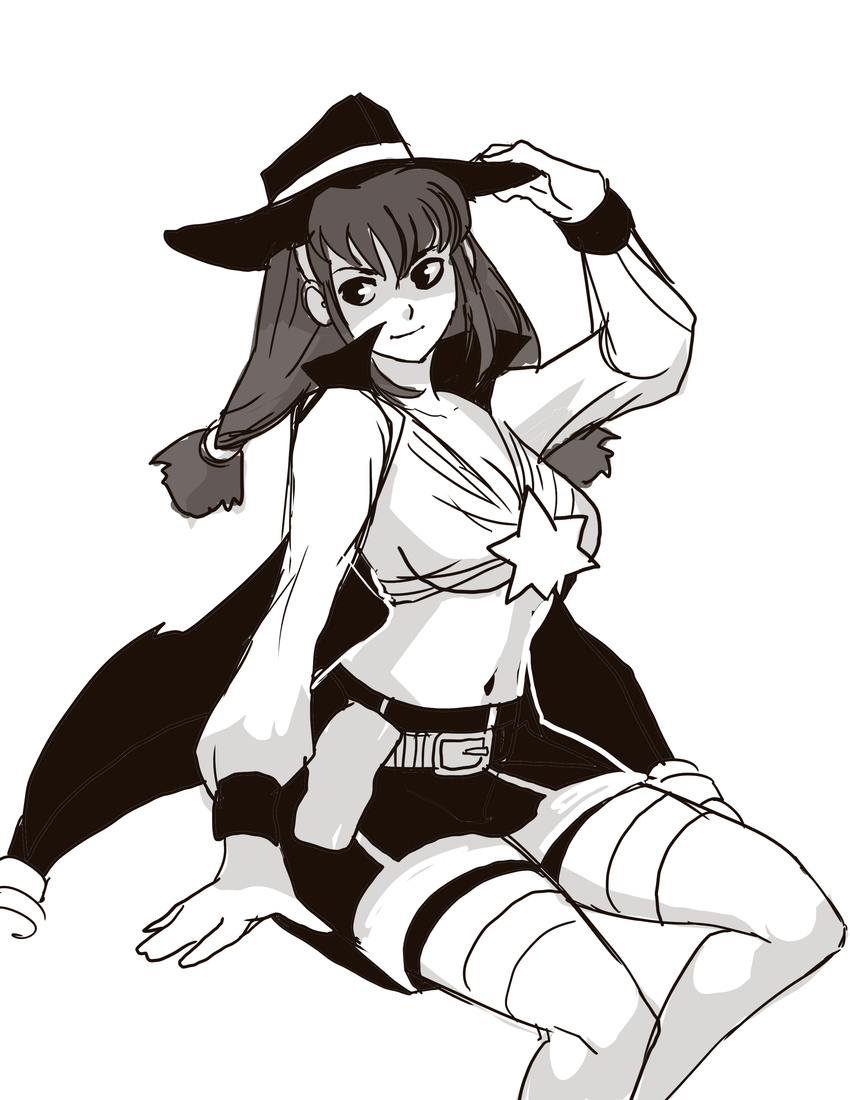 1girl absurdres ahoge breasts brown_hair cape cleavage daga female hair_ornament hairband hat highres lilka_eleniak long_hair low-tied_long_hair monochrome older sidelocks simple_background skirt smile solo source_request thighhighs twintails white_background white_legwear wild_arms wild_arms_2 witch_hat