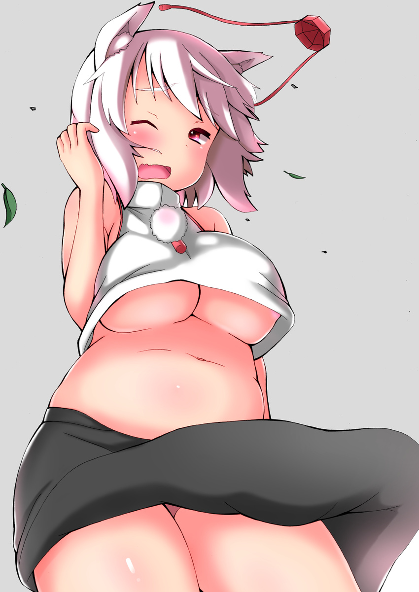 1girl animal_ears areola_slip areolae bare_shoulders belly blush breasts d: d; fat fat_folds hat highres inubashiri_momiji large_breasts navel one_eye_closed open_mouth pink_hair plump pom_pom_(clothes) shishi_(321_0819) short_hair skirt skirt_lift solo tail thighs tokin_hat touhou underboob upskirt white_hair wind wolf_ears wolf_tail