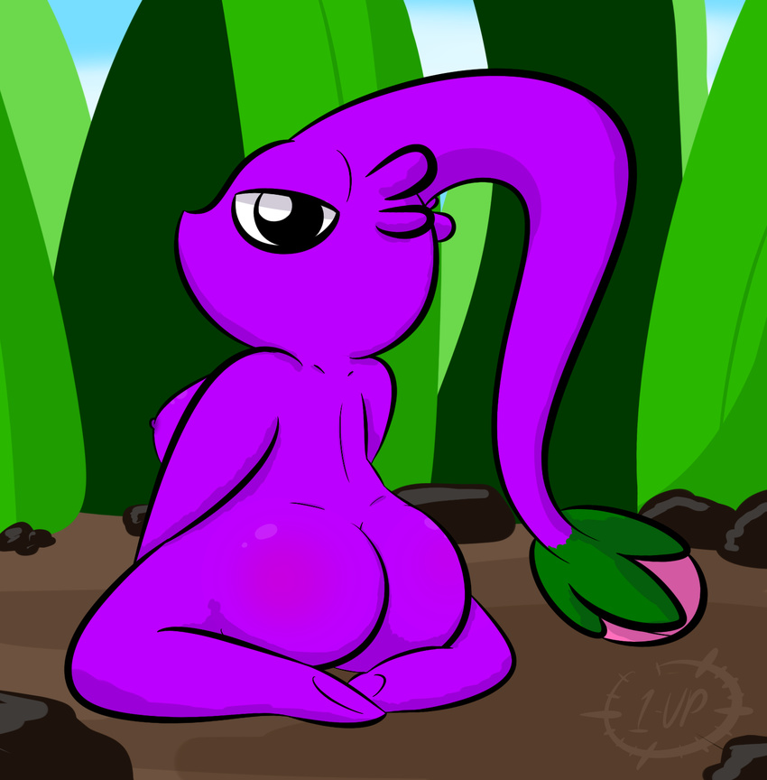 1-upclock big_booty breasts butt female looking_at_viewer looking_back nintendo pikmin pikmin_(species) presenting purple_pikmin simple_background solo video_games