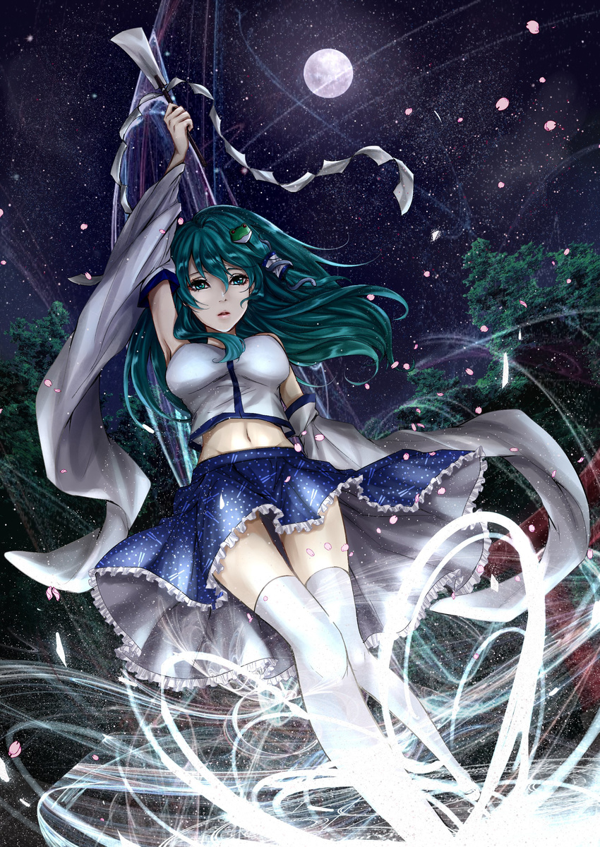 1girl absurdres arm_up armpits bare_shoulders blue_skirt breasts detached_sleeves frog_hair_ornament full_body full_moon green_eyes green_hair groin hair_ornament hair_tubes highres japanese_clothes kochiya_sanae kyogoku-uru long_hair long_sleeves looking_at_viewer miko moon navel night night_sky oonusa skirt sky snake_hair_ornament solo star_(sky) starry_sky thighhighs touhou tree white_legwear wide_sleeves