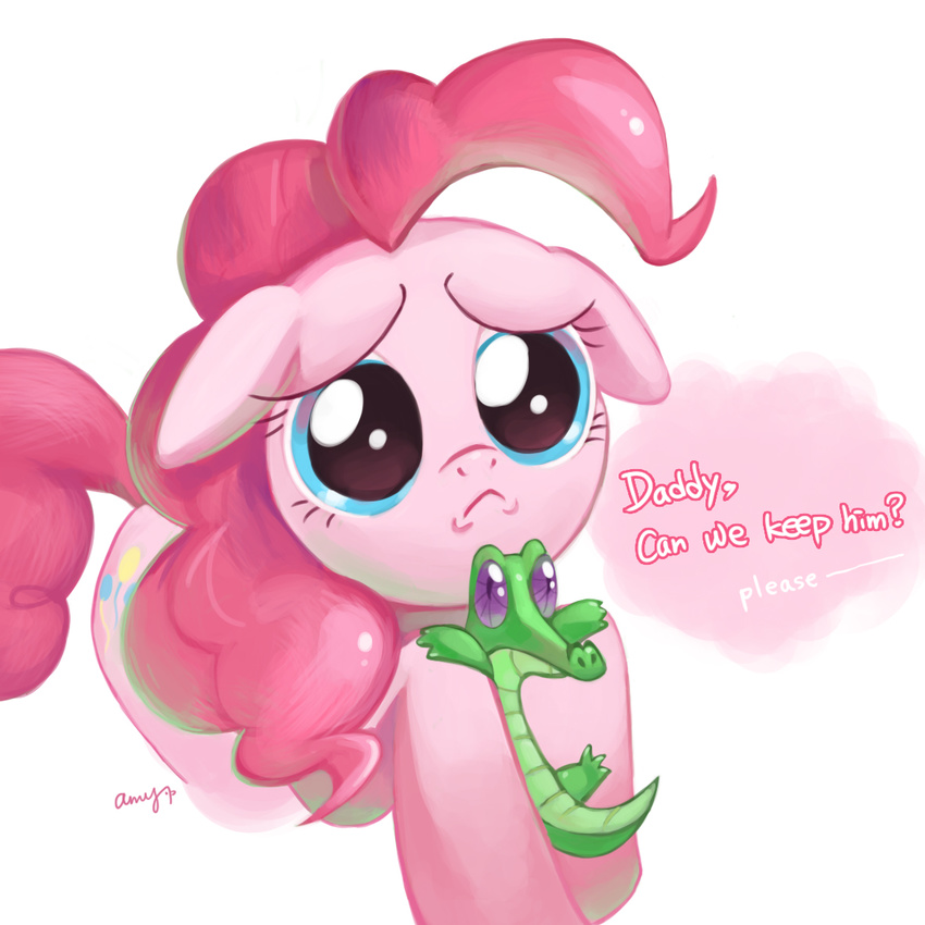 2013 alligator amy30535 blue_eyes cutie_mark earth_pony english_text equine female feral friendship_is_magic frown fur gummy_(mlp) hair hooves horse looking_at_viewer male mammal my_little_pony pink_fur pink_hair pinkie_pie_(mlp) pony purple_eyes reptile scalie simple_background text