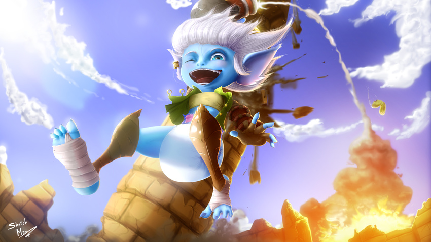 bandage big_ears blue_eyes blue_skin blush cannon clothing cloud diaper explosion falling female fire gloves hair league_of_legends open_mouth ranged_weapon ruins sketchmandl sky smoke solo teeth tongue tristana_(lol) video_games watermark weapon white_hair yordle