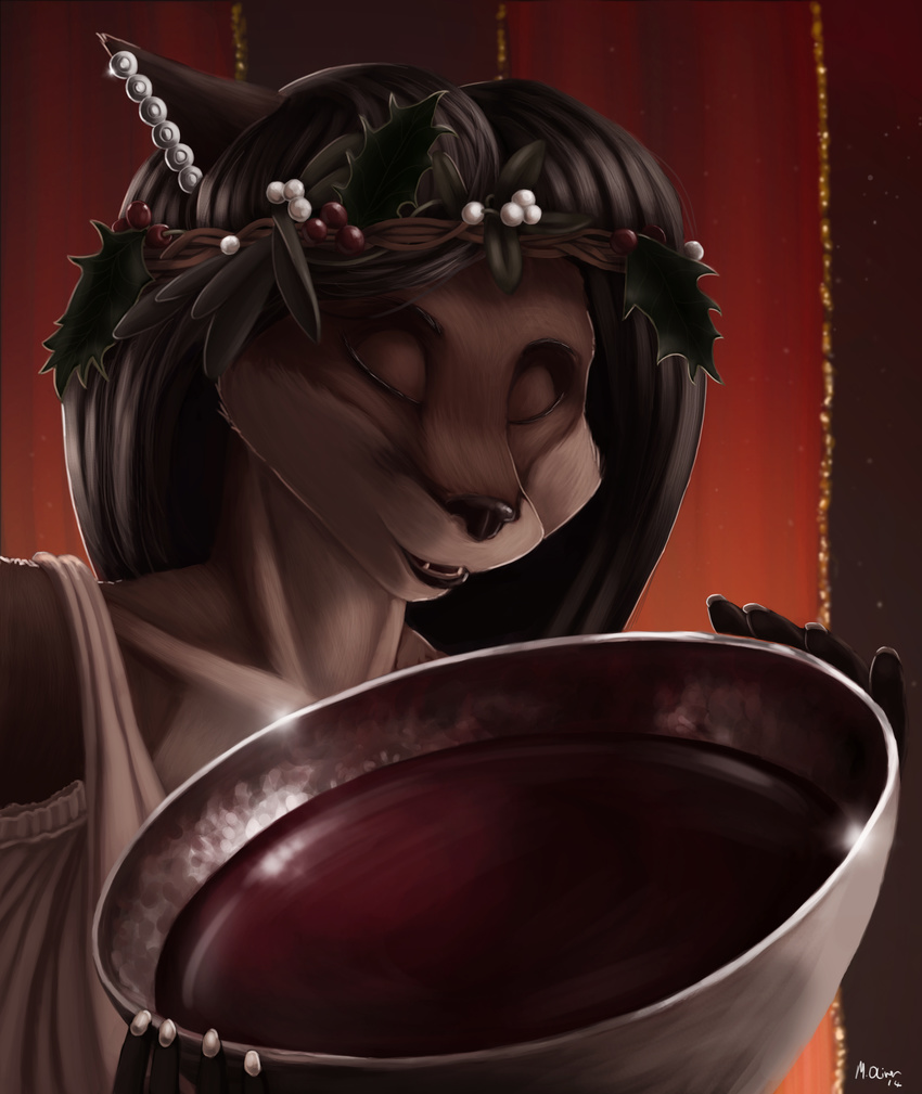 alcohol anthro beverage canine eyes_closed fangs female food fox mammal smile solo teeth wine woadedfox