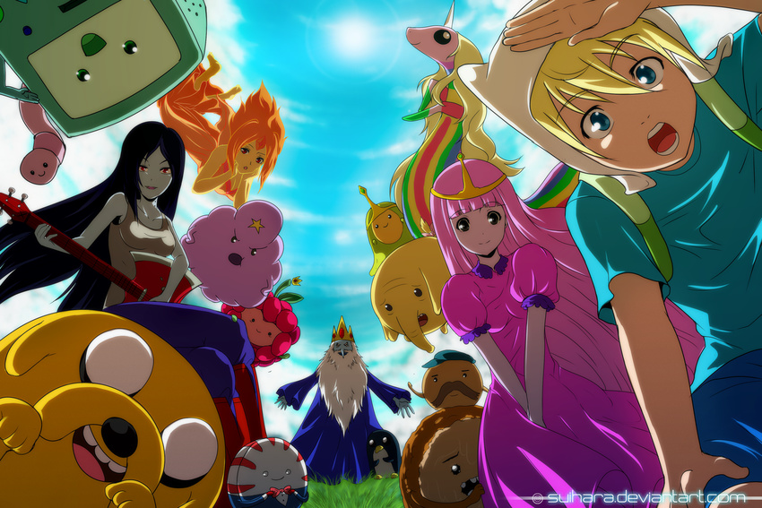 6+girls adventure_time bangs blonde_hair blue_eyes bmo bowtie cartoon_network cinnamon_bun cloud creature crown dog earthworm electric_guitar elephant finn flame_princess flying guitar gunter ice_king instrument jake_(adventure_time) lady_rainicorn long_hair looking_at_viewer lumpy_space_princess marceline_abadeer multiple_boys multiple_girls mustache open_mouth outdoors peppermint_butler pink_hair princess princess_bonnibel_bubblegum puffy_sleeves shelby shelby_(adventure_time) short_hair sky slime_princess smile starchy suihara sun tree_trunks v_arms vampire very_long_hair wildberry_princess