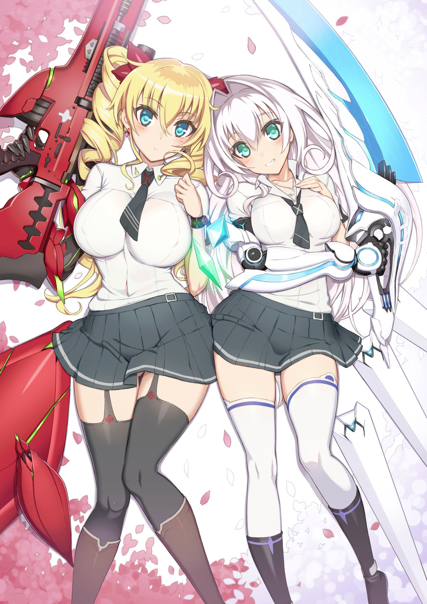 absurdres black_legwear blonde_hair blue_eyes blush breasts claire_harvey drill_hair emilia_hermit garter_straps green_eyes gun hair_intakes hair_ribbon highres hundred large_breasts long_hair looking_at_viewer lying multiple_girls necktie on_side ookuma_(nitroplus) petals ribbon silver_hair skirt smile sword thighhighs twin_drills weapon white_legwear zettai_ryouiki