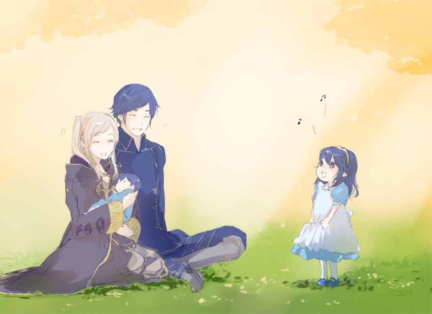 2girls baby beamed_eighth_notes blue_hair child dress eighth_note family father_and_daughter father_and_son female_my_unit_(fire_emblem:_kakusei) fire_emblem fire_emblem:_kakusei grass happy husband_and_wife koshi00x krom lucina mark_(fire_emblem) mark_(male)_(fire_emblem) mother_and_daughter mother_and_son multiple_boys multiple_girls music musical_note my_unit_(fire_emblem:_kakusei) open_mouth silver_hair singing sitting smile tiara