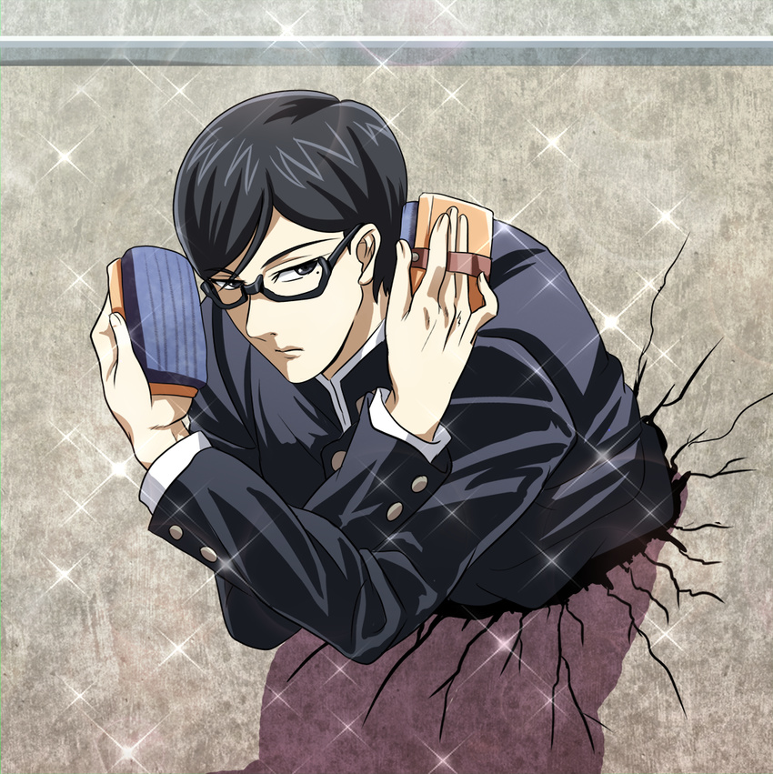 1boy black-framed_glasses black_eyes black_hair buttons commentary_request crack eraser glasses holding long_sleeves looking_at_viewer male_focus mole mole_under_eye sakamoto sakamoto_desu_ga? school_uniform semi-rimless_glasses short_hair solo sparkle surreal tk8d32 under-rim_glasses wall