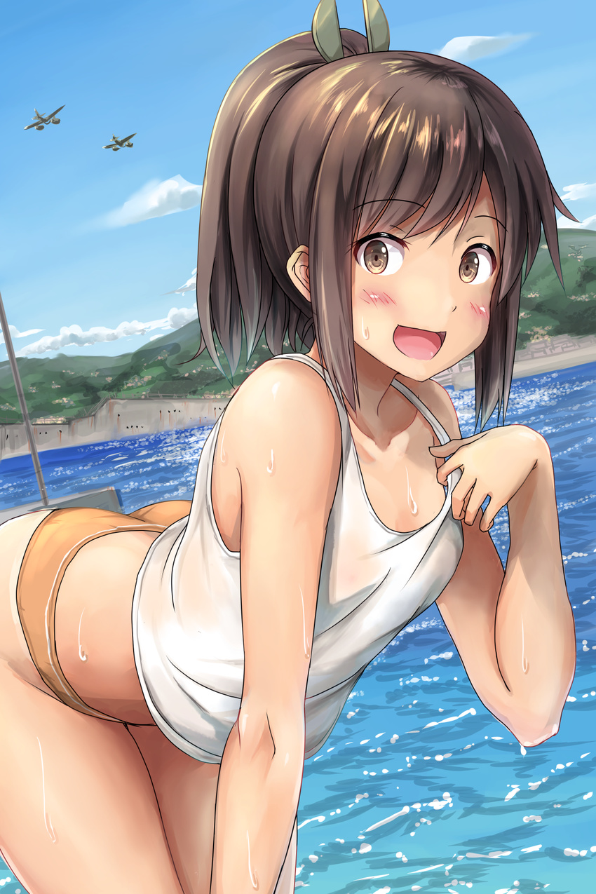 1girl :d airplane arched_back ass bare_shoulders bent_over bikini_bottom blue_sky blush brown_eyes brown_hair camisole cloud hair_ornament hairclip highres i-401_(kancolle) i-401_(kantai_collection) ichikawa_feesu kantai_collection leaning_forward long_hair looking_at_viewer ocean open_mouth outdoors ponytail sky smile solo water wet wet_clothes