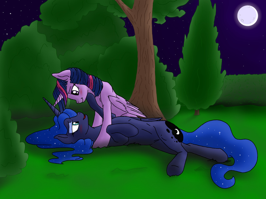 2016 airbusthebest blue_eyes blue_feathers blue_fur blue_hair blush bush cutie_mark duo equine eye_contact feathered_wings feathers female feral friendship_is_magic fur grass hair hi_res horn landscape lying mammal moon multicolored_hair my_little_pony nature outside princess_luna_(mlp) purple_eyes purple_feathers purple_fur sky tree twilight_sparkle_(mlp) winged_unicorn wings