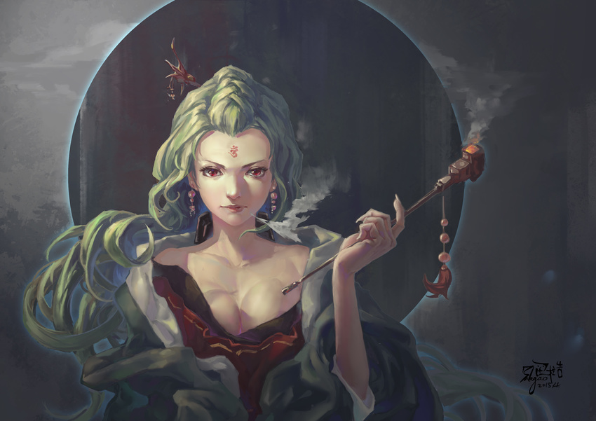 1girl absurdres bare_shoulders breasts cleavage earrings green_hair highres hung_wan_yu jewelry lips long_hair looking_at_viewer pipe red_eyes smoke smoking_pipe solo