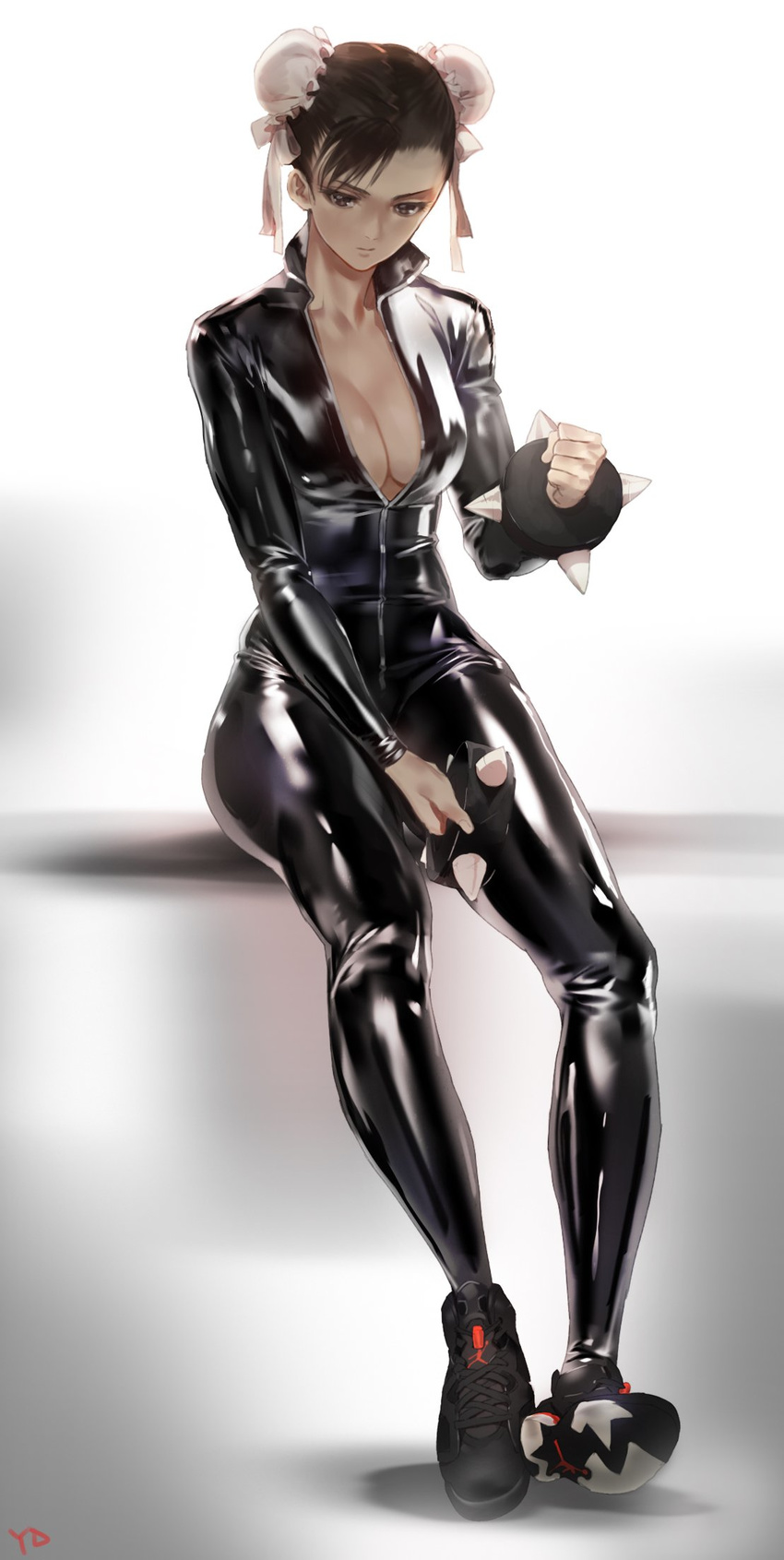 1girl air_jordan bodysuit bracelet breasts brown_eyes brown_hair bun_cover center_opening chun-li cleavage clenched_hand double_bun full_body highres jewelry latex latex_suit nike no_bra shoes skin_tight sneakers solo spiked_bracelet spikes street_fighter unzipped yang-do