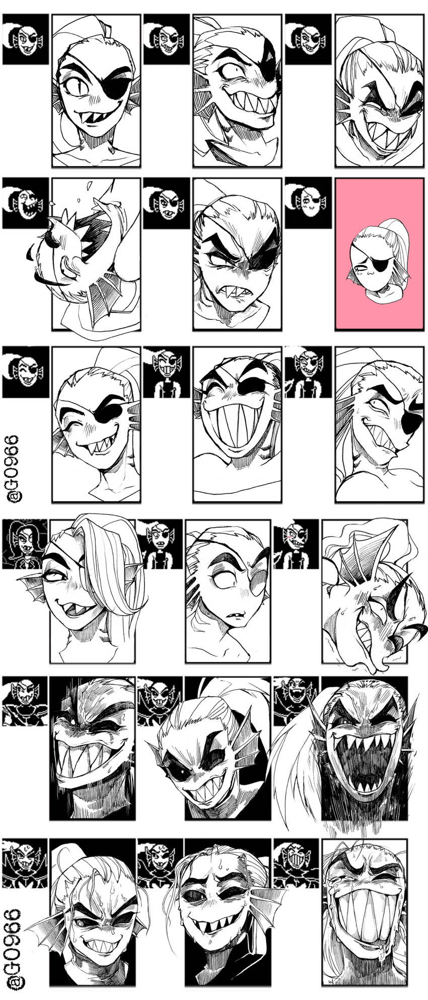 blush eye_patch eyewear female g0966 gills laugh looking_at_viewer monochrome ponytail undertale undyne video_games