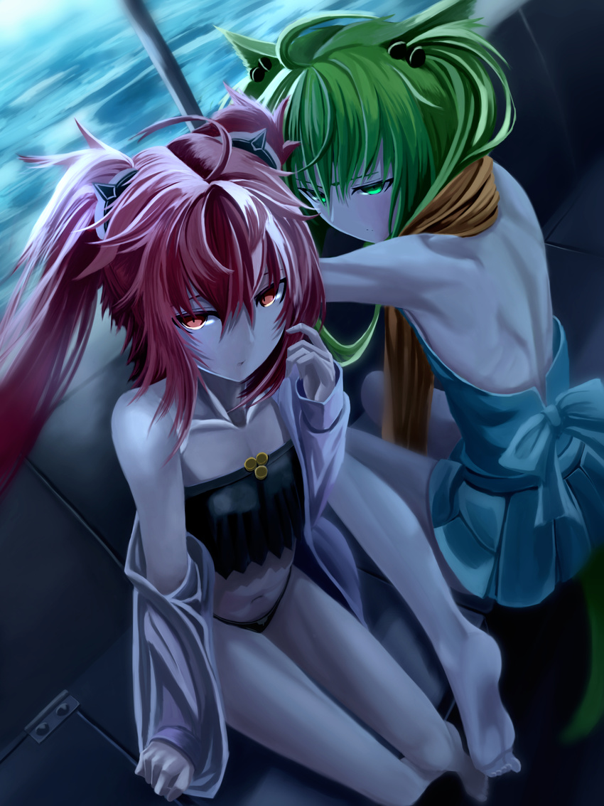 2girls :o animal_ears archer_of_red back bandeau bangs barefoot bikini black_bikini blue_swimsuit cat_ears collarbone couch dutch_angle fate/apocrypha fate/grand_order fate_(series) from_above green_eyes green_hair hair_between_eyes hair_ornament highres jacket jacket_over_swimsuit long_hair long_sleeves looking_at_viewer mukade_(siieregannsu) multiple_girls navel off_shoulder one-piece_swimsuit pink_hair red_eyes red_hair sita_(fate/grand_order) sitting soles spikes stomach strapless swimsuit towel towel_around_neck very_long_hair wariza water
