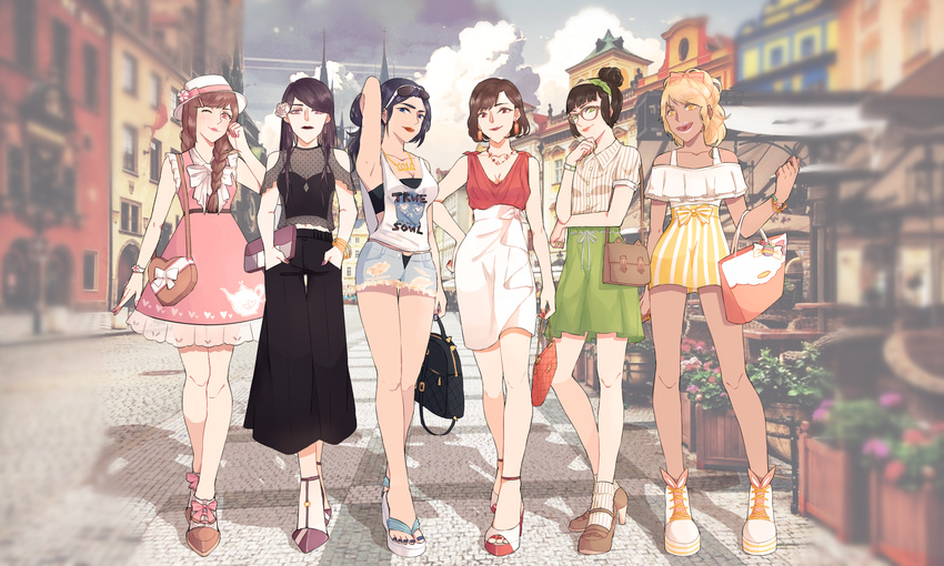 6+girls :d animal_ears animal_ears_object arm_at_side arm_up armpits bag bangs belly_peek black_hair black_nails black_panties black_pants blonde_hair blue_eyes blunt_bangs blurry blush boots bow bracelet braid breasts brown_hair building candy casual cat_ears chin_stroking choroko_(osomatsu-san) closed_mouth clothes_writing collared_shirt cross-laced_footwear crossed_legs dark_skin depth_of_field drawstring dress earrings flower frilled_sleeves frills full_body fur_trim ganguro glasses green_eyes green_nails green_skirt hair_bun hair_flower hair_ornament hair_over_shoulder hairband hairclip halterneck hand_on_hip handbag hands_in_pockets hat hat_bow hat_flower hat_ribbon heart high-waist_skirt high_heels highres holding_bag ichiko_(osomatsu-san) jewelry juushiko_(osomatsu-san) karako_(osomatsu-san) kouyou_kureha_(charlotte236) lace-up_boots large_breasts legs_crossed lineup long_hair long_sleeves looking_at_viewer multiple_girls nail_polish navel necklace one_eye_closed open_fly open_mouth osoko_(osomatsu-san) osomatsu-san outdoors over-rim_glasses panties pants pavement pink_bow pink_dress pink_eyes pink_flower pink_lips pink_nails pink_ribbon plant platform_footwear polka_dot ponytail potted_plant print_shirt purple_eyes purple_nails red_eyes red_lips ribbon rose sash see-through semi-rimless_glasses shadow shirt short_hair shorts shoulder_bag shoulder_cutout skirt sky sleeveless smile socks strapless striped sunglasses sunglasses_on_head swept_bangs thigh_gap todoko_(osomatsu-san) toenail_polish tubetop twin_braids underwear walking white_bow white_flower white_hat white_legwear white_rose white_skirt wide_sleeves yellow_eyes