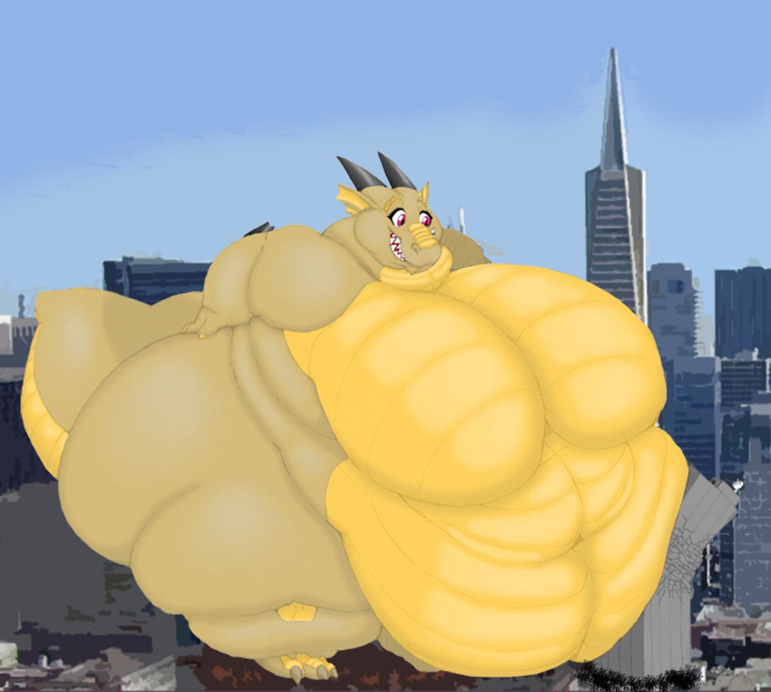 arkveveen belly big_breasts breasts building city destruction dragon female huge_breasts hyper hyper_breasts macro miya_mumba morbidly_obese overweight smoosh solo