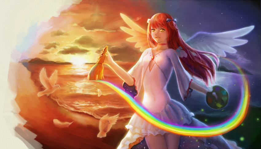 1girl angel_wings bell_sleeves bird bow choker cleavage_cutout cloud covered_navel dove dress feathered_wings hair_bow long_hair mahou_shoujo_madoka_magica mountain night night_sky ocean open_mouth original paintbrush palette rainbow red_hair sky smile solo sunset twintails ultimate_madoka_(cosplay) vemor white_dress wings yellow_eyes