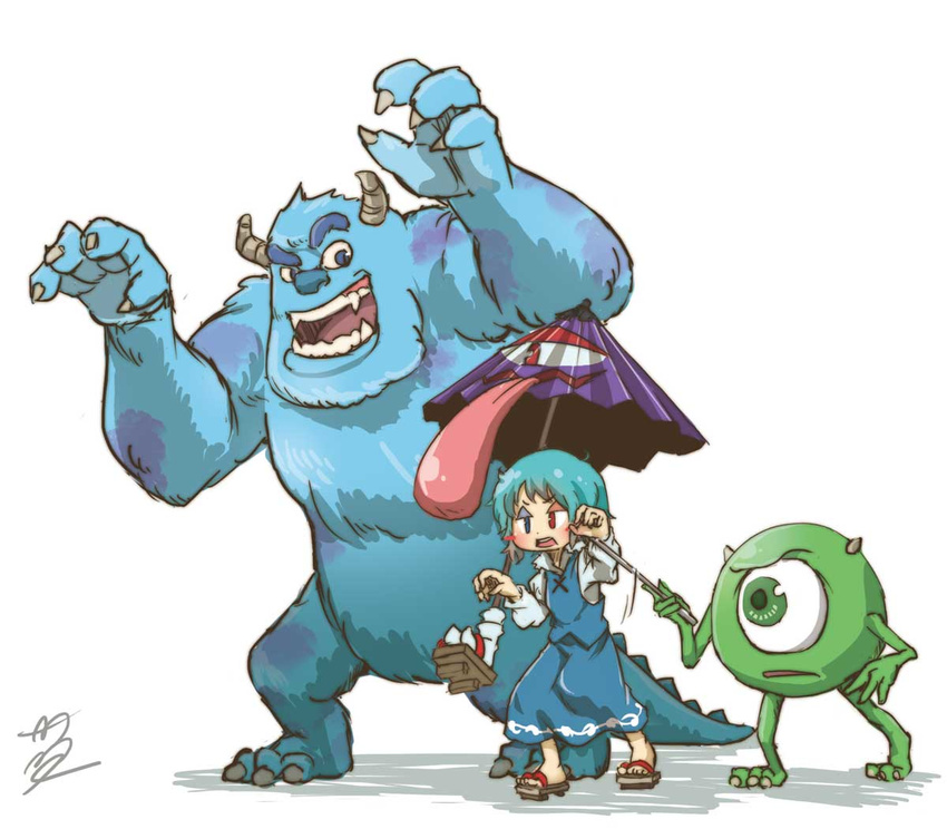 1girl 2boys blue_eyes blue_fur blue_hair blue_skirt blue_vest blush_stickers chamaji cyclops fangs geta green_eyes heterochromia horns james_p._sullivan karakasa_obake michael_wazowski monster monsters_inc. multiple_boys one-eyed open_mouth red_eyes short_hair signature simple_background skirt tatara_kogasa teaching tongue tongue_out touhou umbrella white_background