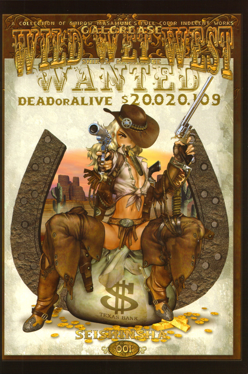 blonde_hair boots breasts chaps cigar cover cover_page cowboy_boots cowboy_hat dual_wielding fingerless_gloves gloves gun habanero handgun hat highres juliona_trans looking_at_viewer navel pteruges revolver shirou_masamune solo weapon western wild_wet_west
