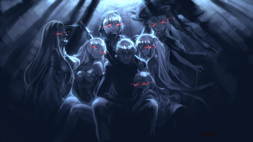 1boy 6+girls 6bi abyssal_admiral_(kantai_collection) anchorage_hime breasts burning_eyes cane cleavage dark detached_sleeves glowing glowing_eyes grin headgear highres hood horn horns kantai_collection light long_hair multiple_girls northern_ocean_hime re-class_battleship red_eyes seaport_hime shinkaisei-kan sideboob smile southern_ocean_war_hime twintails white_hair white_skin wo-class_aircraft_carrier
