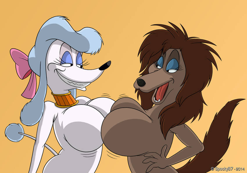 anthro big_breasts breast_squish breasts breasts_frottage canine disney dog duo eye_contact female female/female georgette hand_on_hip huge_breasts jiggle mammal oliver_and_company poodle rita_(disney) saluki spocky87