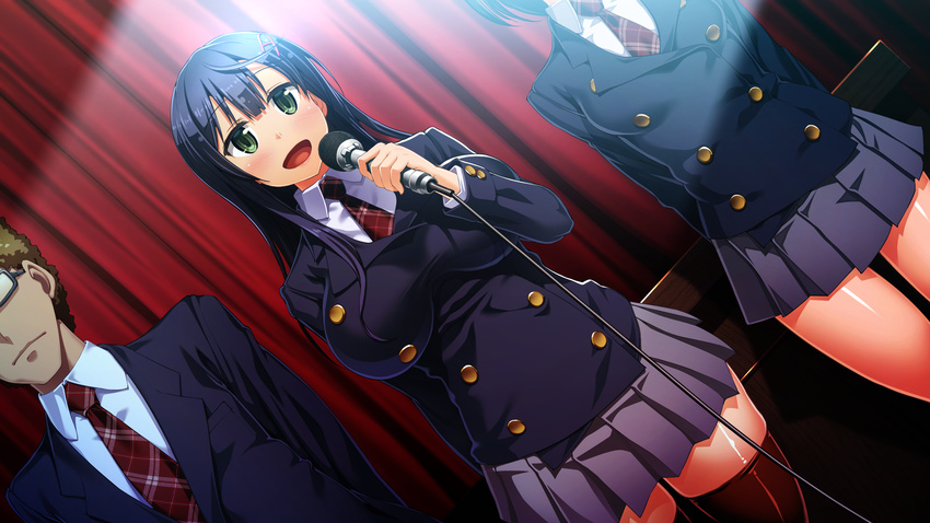 1boy 2girls black_hair blush breasts dutch_angle game_cg glasses green_eyes grey_skirt highres holding kanzen_jikan_teishi large_breasts legs long_hair long_sleeves looking_at_viewer microphone multiple_girls open_mouth satsuki_shiho school_uniform skirt small_breasts smile standing talking thighhighs thighs uo_denim