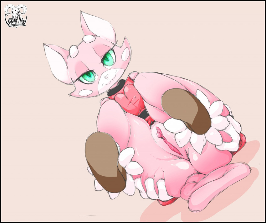 2016 anthro cat feline female fur goat_head green_eyes looking_at_viewer mammal pink_fur pussy shima_luan simple_background smile super_planet_dolan white_fur