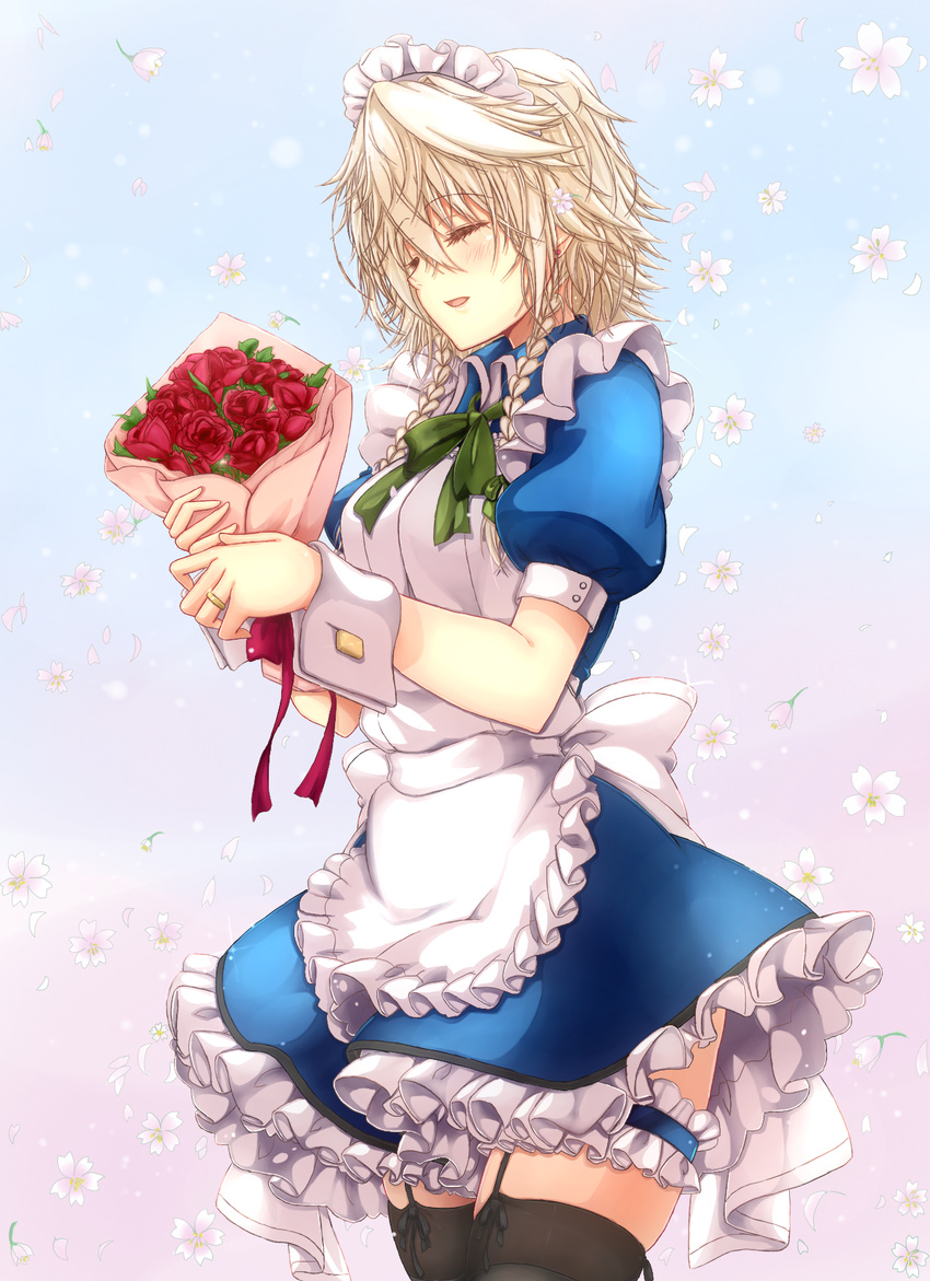 apron black_legwear blonde_hair blue_dress blush bouquet braid cherry_blossoms cowboy_shot dress eyes_closed flower garter garter_straps highres izayoi_sakuya leg_garter maid maid_headdress mickey_dunn petticoat puffy_short_sleeves puffy_sleeves red_rose rose short_dress short_sleeves smile solo stockings thighhighs thighs touhou twin_braids waist_apron wrist_cuffs zettai_ryouiki