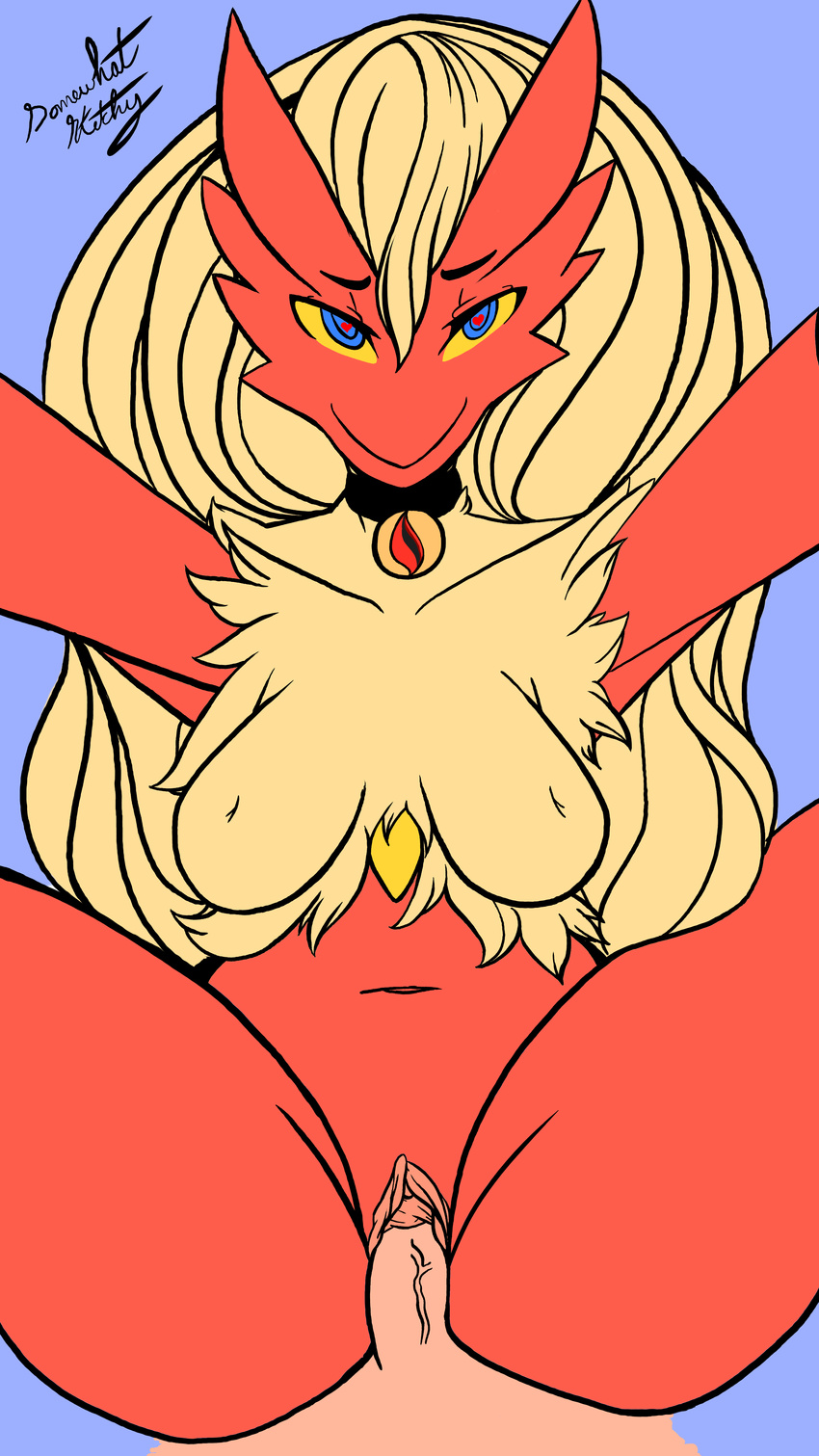 anthro blaziken blue_background female first_person_view human human_on_anthro interspecies male_pov mammal nintendo pok&eacute;mon pussy sex simple_background smile solo_focus somewhatsketchy spread_legs spreading vaginal video_games