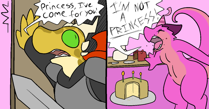 2016 aliasing anthro cake cape clothing comic digital_media_(artwork) female food green_eyes hat horn knight kobold melee_weapon nude open_mouth party_hat reptile scalie solo spaffy sword text trout_(artist) weapon