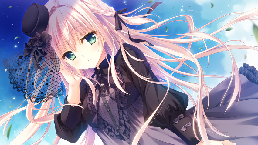 blonde_hair braid closed_mouth dress expressionless eyebrows_visible_through_hair floating_hair game_cg green_eyes hair_intakes hair_ribbon hand_on_own_face hat highres long_hair long_sleeves looking_at_viewer official_art otome_domain petals ribbon saionji_kazari solo tatekawa_mako wind