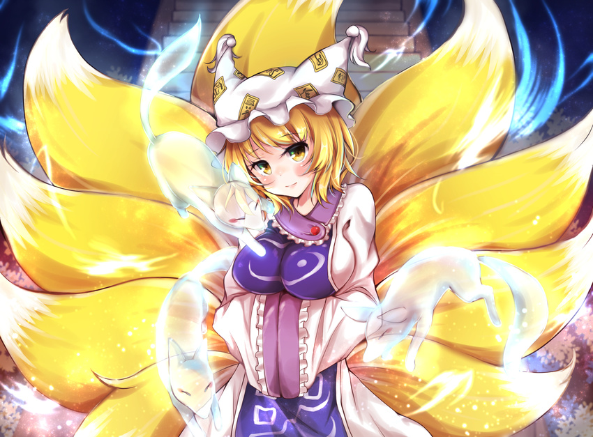 blonde_hair blush breasts fox fox_tail hands_in_opposite_sleeves hat head_tilt highres large_breasts long_sleeves looking_at_viewer miy@ multiple_tails ofuda pillow_hat short_hair solo spirit stairs tabard tail touhou wide_sleeves yakumo_ran yellow_eyes