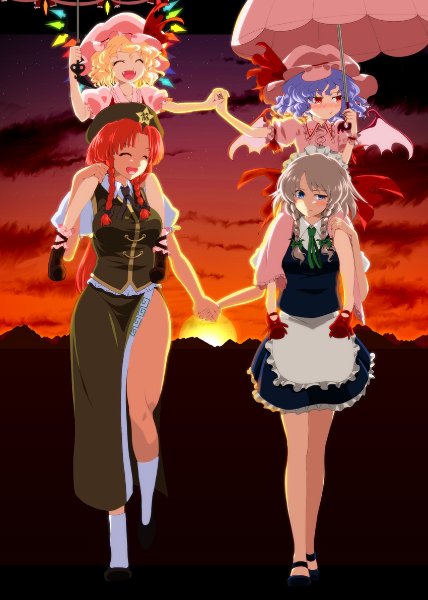 :/ :d ^_^ apron backlighting bat_wings blonde_hair blue_eyes blue_hair blush braid carrying chinese_clothes closed_eyes cloud crystal fangs flandre_scarlet full-face_blush full_body hair_ribbon hat hat_ribbon highres holding_hands hong_meiling interlocked_fingers izayoi_sakuya kneehighs long_hair looking_away maid_headdress mary_janes mob_cap multiple_girls open_mouth parasol puffy_sleeves red_eyes red_hair red_ribbon remilia_scarlet ribbon shirt shoes short_hair short_sleeves shoulder_carry siblings silver_hair sisters skirt skirt_set sky smile star sugiura_rippu sun sunset touhou tress_ribbon tsundere twin_braids umbrella uneven_eyes vest waist_apron walking white_legwear wings