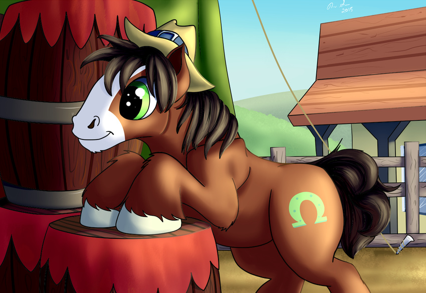 2015 barrel black_hair brown_fur cowboy_hat cutie_mark earth_pony equine fence feral friendship_is_magic fur green_eyes hair hat hill horse house inkybeaker male mammal my_little_pony outside pony rope sky smile solo troubleshoes_(mlp)