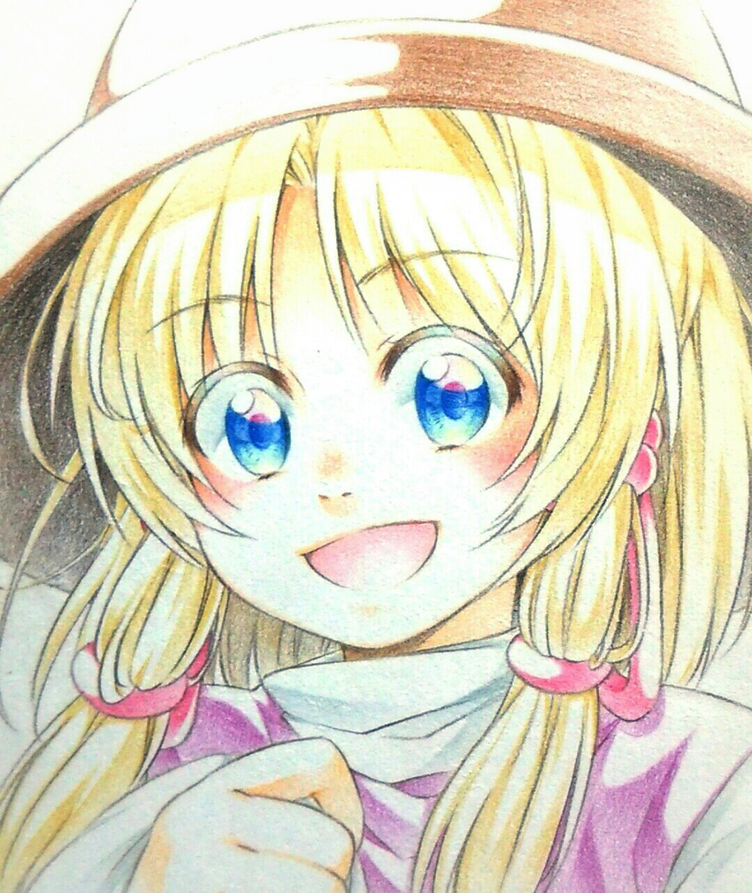 bad_id bad_pixiv_id blonde_hair blue_eyes colored_pencil_(medium) face hair_ribbon hat highres moriya_suwako nora_wanko open_mouth ribbon smile solo touhou traditional_media