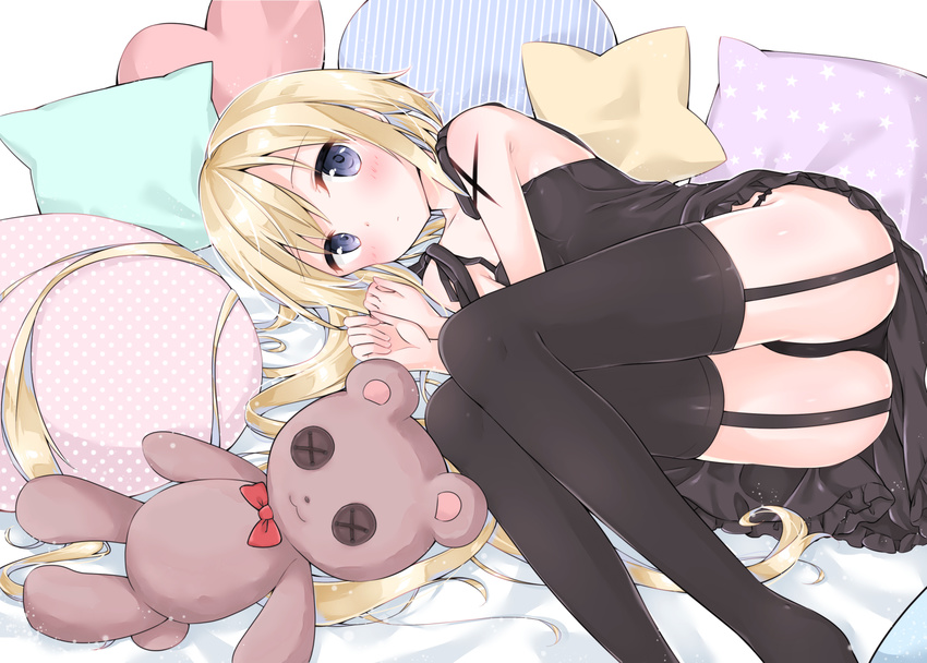 ass asymmetrical_hair bangs bare_arms bare_shoulders bed_sheet black_dress black_legwear black_panties blonde_hair blue_eyes blue_pillow blush bow bow_panties commentary_request dress eyebrows_visible_through_hair garter_straps heart heart_pillow highres long_hair looking_at_viewer lying no_shoes on_side original panties pantyshot pantyshot_(lying) pillow pink_pillow polka_dot polka_dot_pillow print_pillow purple_pillow red_bow red_pillow sleeveless sleeveless_dress solo star star_pillow star_print striped stuffed_animal stuffed_toy teddy_bear thighhighs tia-chan uchuuneko underwear vertical_stripes very_long_hair white_background yellow_pillow