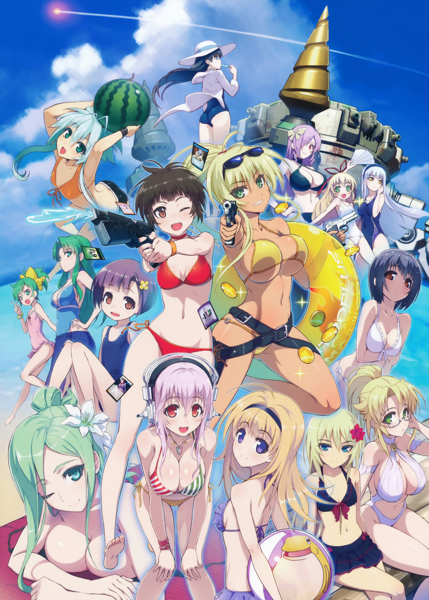 :d ;) ;d absurdres antenna_hair arched_back ass ball barefoot beach beachball bent_over bikini bikini_skirt black_bikini black_hair blassreiter blonde_hair blue_eyes blue_swimsuit bow bracelet breast_hold breast_rest breasts brown_eyes brown_hair cal_devens camisole card casual_one-piece_swimsuit chaos;head choker cleavage cloud coin company_connection competition_swimsuit condensation_trail cornalina crossed_legs crossover dark_skin day demonbane drill dual_wielding eyewear_on_head flat_chest flower food frilled_bikini frills front-tie_bikini front-tie_top fruit gekkou_no_carnevale glasses green_eyes green_hair grin guilty_crown gun hair_between_eyes hair_bow hair_flower hair_ornament hair_over_one_eye hair_ribbon hairband hanachirasu hand_on_hip handgun hands_on_own_knees hat headphones hello_world. highres hikari_(soukou_akki_muramasa) holding holster hood hoodie innertube iris_(gekkou_no_carnevale) jacket jewelry jingai_makyou kaze_no_ushiro_wo_ayumumono_(kazeko) kugayama_mika kugayama_wakana large_breasts leica_(demonbane) long_hair lying mitsurugi_yoishi multiple_girls navel necklace nishijou_nanami nitroplus o-ring o-ring_bottom olga_(soukou_akki_muramasa) on_stomach one-piece_swimsuit one_eye_closed ookuma_(nitroplus) open_mouth outdoors perla phantom_of_inferno phenomeno pink_hair pistol ponytail popsicle present_(guilty_crown) psycho-pass purple_bikini purple_eyes purple_hair red_bikini red_eyes ribbon school_swimsuit short_hair side-tie_bikini sidelocks sitting sky small_breasts smile soukou_akki_muramasa sparkle string_bikini striped striped_bikini striped_swimsuit sun_hat sunglasses super_sonico swimsuit takigawa_yumi tsunemori_akane water water_gun watermelon weapon white_bikini white_school_swimsuit white_swimsuit