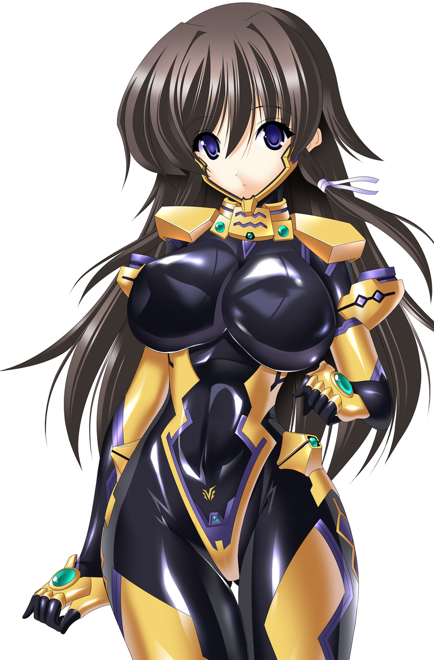 absurdres ass_visible_through_thighs blush bodysuit breasts brown_hair covered_navel covered_nipples hair_ribbon highres large_breasts long_hair muvluv muvluv_alternative muvluv_total_eclipse parted_lips pilot_suit purple_eyes ribbon shiny shiny_clothes simple_background skin_tight solo standing takamura_yui teeth very_long_hair white_background yakkey