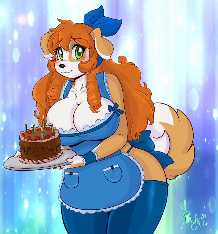 2015 anthro apron big_breasts blush breasts brown_fur cake candle canine cleavage clothed clothing dog female food fur green_eyes hair hi_res holding_object kibbles legwear long_hair looking_at_viewer mammal multicolored_fur orange_hair phsuke smile solo thigh_highs two_tone_fur uberquest white_fur