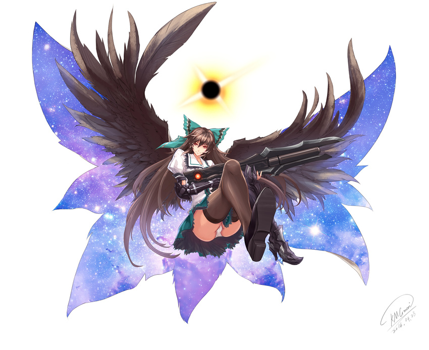 2016 absurdres alternate_weapon arm_cannon bird_wings black_hair black_legwear black_wings boots bow cape crossed_legs dated energy_ball feathered_wings full_body green_skirt hair_bow highres large_wings long_hair looking_at_viewer miniskirt mismatched_footwear nebula panties puffy_short_sleeves puffy_sleeves red_eyes reiuji_utsuho shirt shoes short_sleeves shou_mai signature simple_background single_boot single_shoe skirt smile solo spread_wings thighhighs touhou underwear upskirt weapon white_background white_panties white_shirt wings