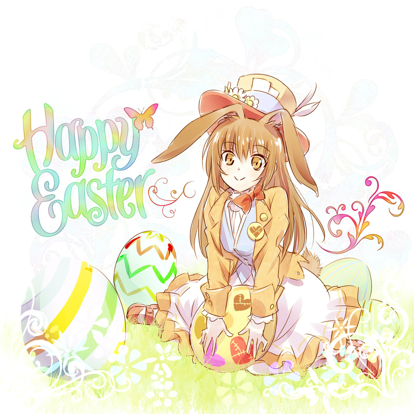 animal_ears brown_eyes brown_hair bug bunny_ears bunny_tail butterfly easter easter_egg egg english happy_easter hat highres iesupa insect long_hair rwby skirt smile solo tail velvet_scarlatina