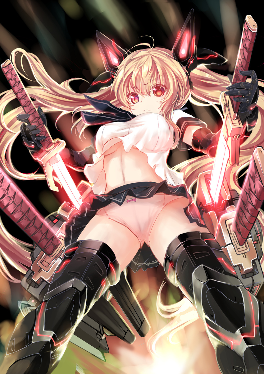 absurdres armor_girls bangs black_gloves blonde_hair blurry boots bow bow_panties breasts cameltoe depth_of_field dual_wielding eyebrows eyebrows_visible_through_hair gloves glowing glowing_sword glowing_weapon hair_between_eyes headgear heterochromia highres holding holding_sword holding_weapon large_breasts legs_apart long_hair looking_at_viewer mecha_musume midriff miniskirt multiple_swords panties pink_bow pink_panties pleated_skirt school_uniform serafuku sheath shirt short_sleeves skirt skirt_lift solo standing stomach sword taut_clothes taut_shirt thigh_boots thighhighs twintails underboob underwear unsheathing upskirt very_long_hair weapon zheyi_parker