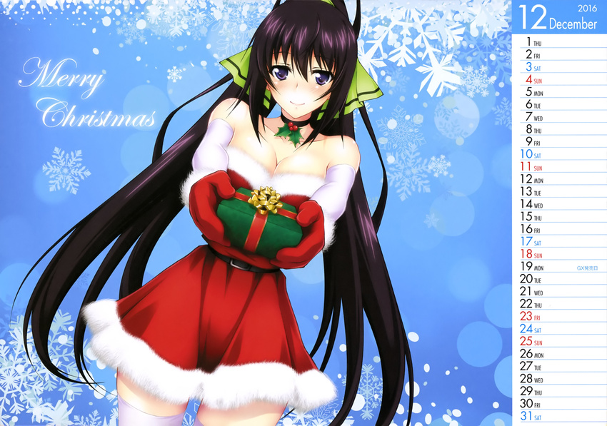 1girl absurdres black_hair blue_eyes breasts calendar christmas cleavage dress highres infinite_stratos large_breasts long_hair ribbon shinonono_houki solo thighhighs yuuki_homura