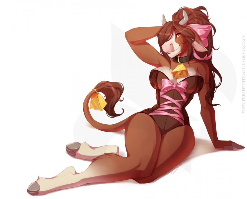 anthro armpits bovine bow breasts brown_fur brown_hair cattle clothing collar cowbell female fur hair hooves horn lingerie long_hair looking_at_viewer mammal pose smile solo vexstacy white_fur wide_hips