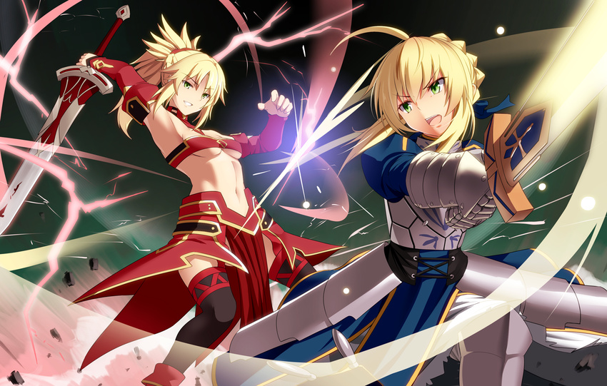 2girls armor blonde_hair fate/grand_order fate/stay_night fate_(series) green_eyes hirame_sa long_hair magic mordred navel ponytail saber sword thighhighs underboob weapon