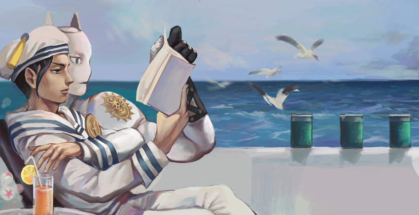 absurdres bird book bubble chair day drink food fruit glass hat highres holding holding_book jiliang_ji_ying jojo_no_kimyou_na_bouken jojolion killer_queen kira_yoshikage_(jojolion) lemon male_focus ocean reading sailor sailor_hat seagull sitting sky stand_(jojo)