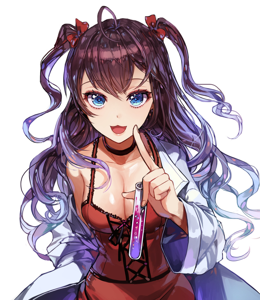 :3 :d ahoge bangs blue_eyes blush bow breasts brown_hair choker cleavage cross-laced_clothes eyebrows eyebrows_visible_through_hair eyelashes frills from_above hair_bow highres holding ichinose_shiki idolmaster idolmaster_cinderella_girls index_finger_raised kim_eb labcoat large_breasts lipstick liquid long_hair long_sleeves looking_at_viewer makeup off_shoulder open_mouth red_bow simple_background smile solo test_tube upper_body wavy_hair white_background