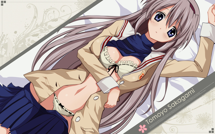 1girl blue_eyes blush breasts clannad cleavage long_hair looking_at_viewer navel panties sakagami_tomoyo silver_hair solo underwear wide_hips